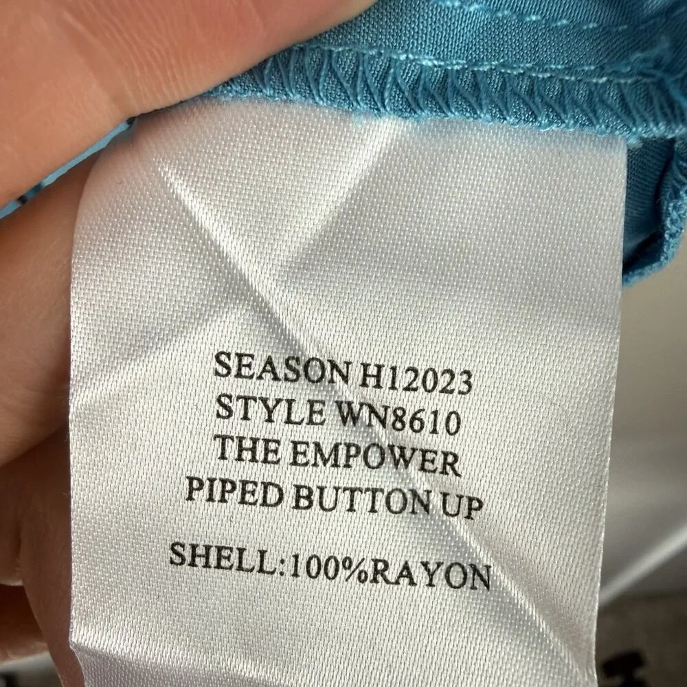 Wildfang Empower Piped Button Up Shirt Large Teal Rayon Androgynous Chic - Picture 10 of 11